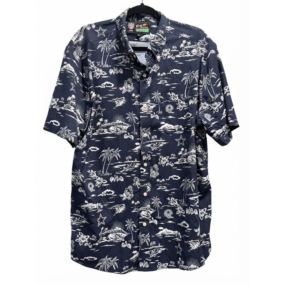 Reyn Spooner NFL Dallas Cowboys Hawaiian Shirt Navy Blue Island Print Mens XL